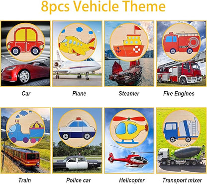 Wooden Puzzles for Toddlers 1-3, Toddler Puzzles Ages 2-4, Montessori Toys for 1-3+ Year Old Learning Educational Preschool Toys for Boys Girls (Vehicle Theme)