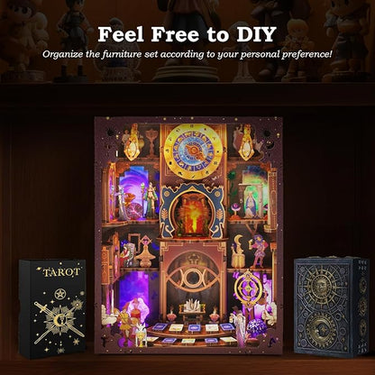 Book Nook Kit - DIY Miniature Dollhouse with LED Lights for Adults & Teens, Fantasy Tarot-Themed 3D Wooden Bookshelf Decor, for Craft Lovers