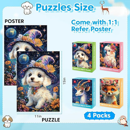4-Pack 100 Piece Puzzles for Kids Ages 4-6 6-8 8-10, Adorable Puppy Parrot Springbok Fox Jigsaw Puzzles, Set for Kids Adults Seniors, Fun and Educational Toys for Family