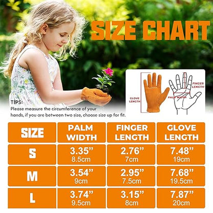 HANDLANDY Kids Genuine Leather Work Gloves for ages 3-11, Children Gardening Gloves for Boys, Girls (Large (for age 8-11), Orange)
