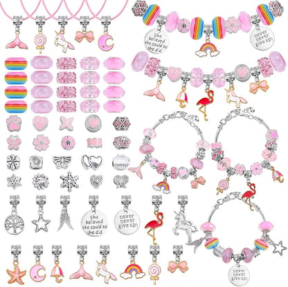 Flasoo DIY Charm Bracelet Making Kit, Jewelry Kit with Unicorn Mermaid Pink Stuff Craft Gifts for Birthday, Christmas, New Year
