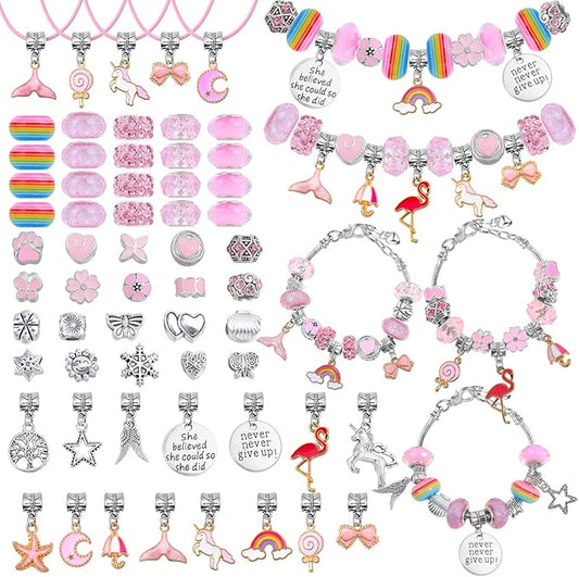 Flasoo DIY Charm Bracelet Making Kit, Jewelry Kit with Unicorn Mermaid Pink Stuff Craft Gifts for Birthday, Christmas, New Year