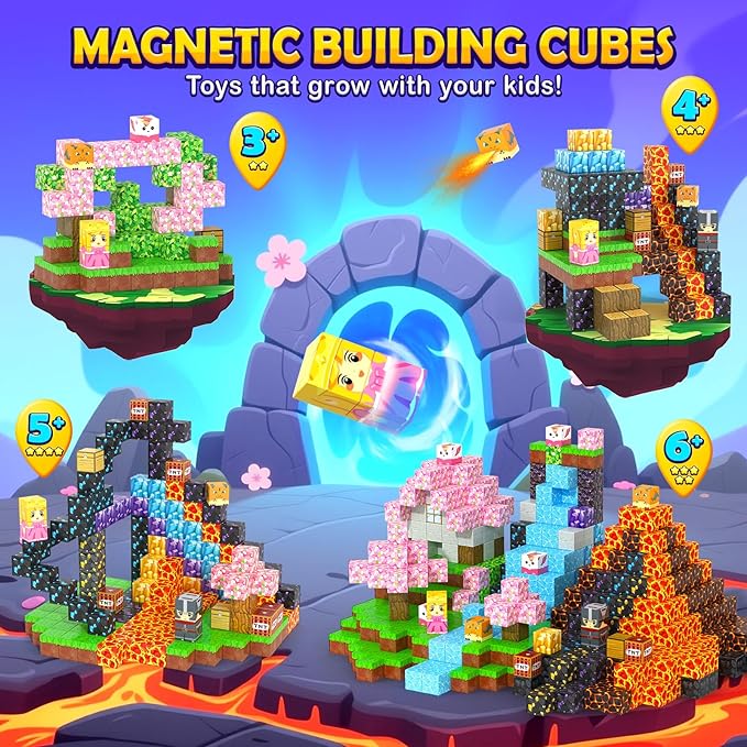 154PCS Magnetic Blocks - Build Mine Magnet World Stacking Cube Toys with Magnet Board, Magnetic Tiles Building Blocks STEM Construction Toys, Sensory Games for Kids Age 3+ Boys Girls Birthday Gift