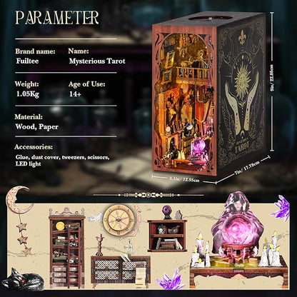 DIY Book Nook Kit, 3D Wooden Puzzle Booknook, Bookshelf Miniature House Kit Dollhouse, Tarot Divination Test, with LED Light, Dust Cover, Gift for Adults Teens (Mysterious Tarot)