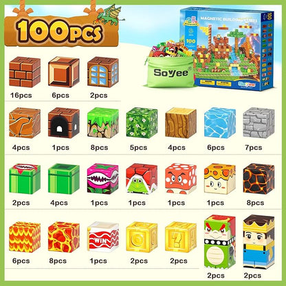 100pcs Magnetic Blocks - Build Mine Magnet World Game Adventure Set STEM Building Toys for Kids 3+ Years Old 1” Magnetic Cubes for Boys Toddler Boy Gifts Toys for Ages 3-5 5-7 8-12