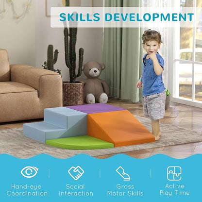 Qaba Foam Play Set for Toddlers and Children, Easy-to-Clean 4 Piece Soft Indoor Climber & Safe Kids Climbing Set for Crawling or Sliding, Assorted