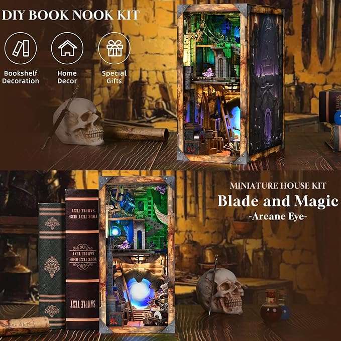 DIY Book Nook Kit, DIY Miniature Dollhouse Booknook Kit, 3D Wooden Puzzle Bookend Bookshelf Insert Decor with LED Light for Teens and Adults (Blade and Magic)