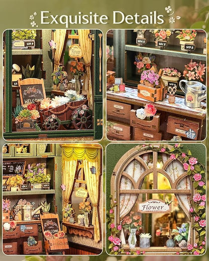 CUTEBEE Book Nook Kit - DIY Miniature House Dollhouse Kit for Adults and Teens, Booknook Tiny House Bookshelf Decor 3D Wooden Puzzle, Gifts for Family, Friends (Blossom Florists)