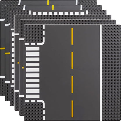 Apostrophe Games Road Baseplate – Premium Building Blocks Base Plates Compatible with All Major Brands – 6pcs Baseplate Gray with Road Design – Straight, Curve, Crossroad, T-Junction