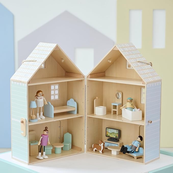 Olivia's Little World Folding Wooden Dollhouse – 3-Story Portable Playhouse with Furniture, Family Figures & Pet, Built-in Carry Handle, Compact Fold-Up Design Toy for Ages 3+