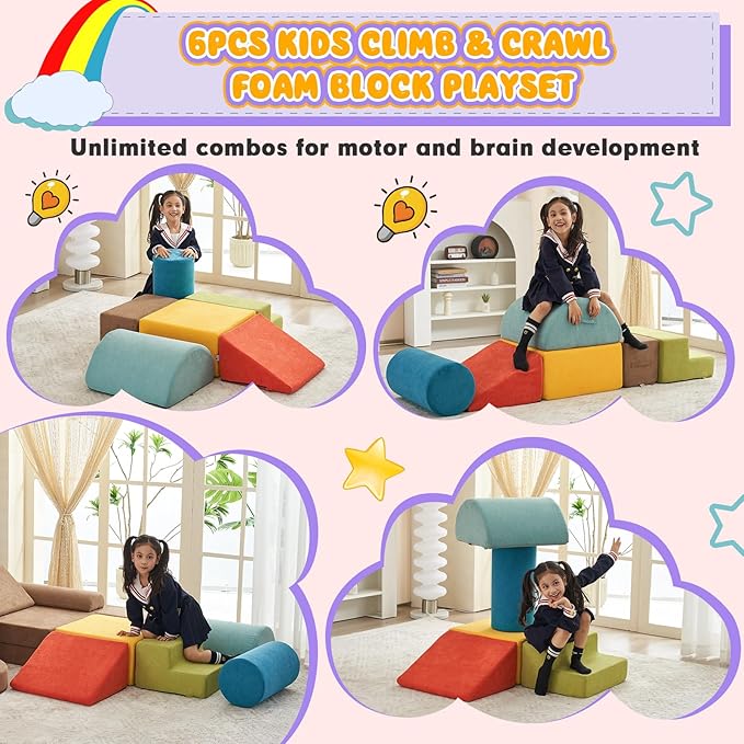 jela Kids Foam Climbing Blocks 6Pcs Soft Play Equipment Miss Fabric, Toddler Climbing Toys Indoor Soft Play Climbing Set, Lightweight Climbing Blocks for Toddlers, Crawling Foam Playset (Colorful)