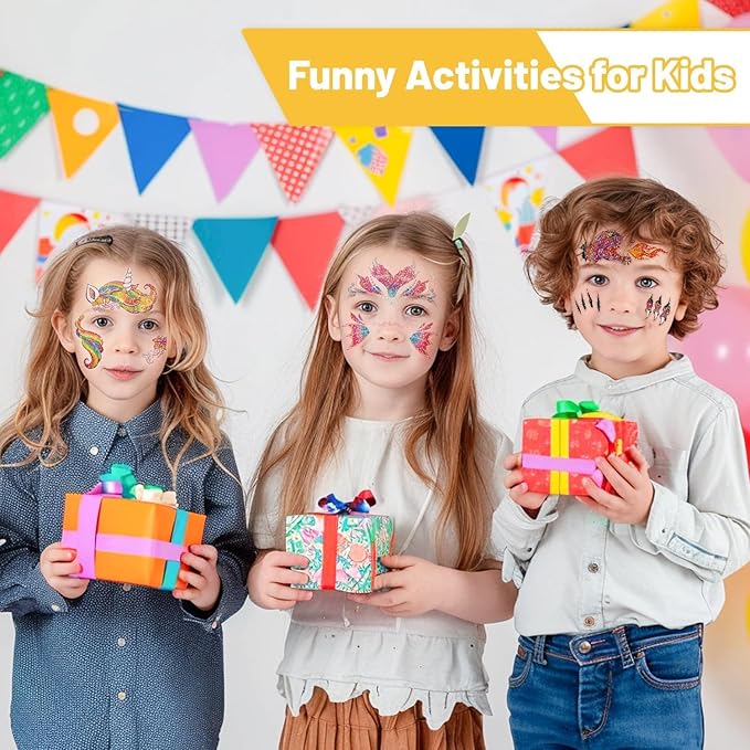 Partywind Glitter Temporary Face Tattoos for Kids, 24 Styles Face Stickers for Face Painting, Waterproof Fake Tattoo Stickers for Kids Makeup, Birthday Party Favors Supplies Goodie Bag Stuffers