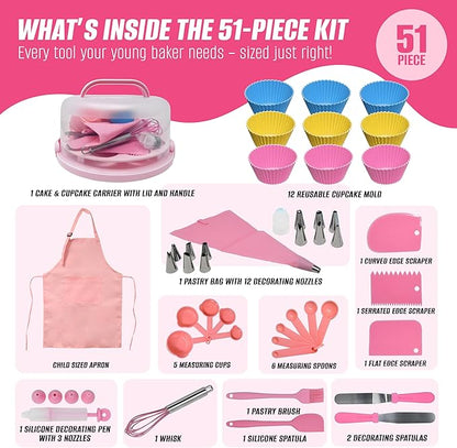 Perlli Kids Cake & Cupcake Baking Set – 51 Pieces Real Utensils & Decorating Kit with Carrier Safe Baking Supplies Gift for Junior Chefs Girls & Boys (Pink)