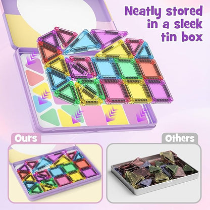 42-Piece Mini Magnetic Tiles Travel Set with Metal Storage Box - Portable STEM Building Blocks for Kids Ages 3-8, Montessori Educational Toys for Airplane & Car Rides, Gift for Boys & Girls