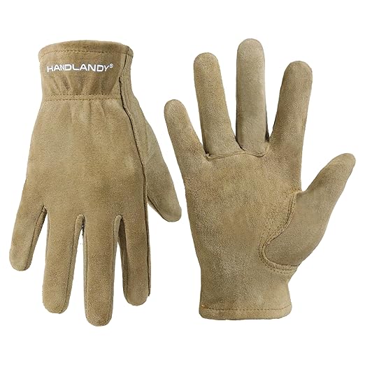 HANDLANDY Kids Genuine Leather Work Gloves for ages 3-11, Children Gardening Gloves for Boys, Girls (Small (for age2-4), Khaki)