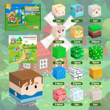 Magnetic Block Building Blocks 160PCS Magnet Cubes Toys, Build 3D Forest World Set, STEM Montessori Sensory Toys for Kids Boys and Girls Ages 3-5 4-8