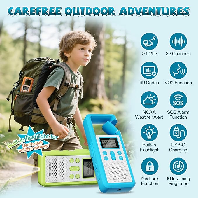 QUOLIX Walkie Talkies for Kids 2 Pack Rechargeable with NOAA & VOX, Kids Walkie Talkies with Long-Lasting Battery Toys for 3-12 Year Old Boys Girls, Durable Outdoor Gifts for Camping, Hiking Games