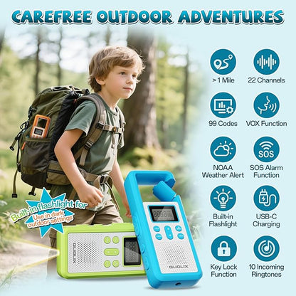 QUOLIX Kids Walkie Talkies 4 Pack Rechargeable with SOS Alarm/NOAA/VOX/Flashlight, Durable 1020mAh Battery Radios for 3-12 Year Old Boys Girls, Outdoor Camping Group Games Birthday Set
