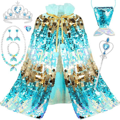 Princess Dress Up Toys Mermaid Dress Up Cape Kit 9 Pcs Gift Set for Little Girls 3-8 Years Old
