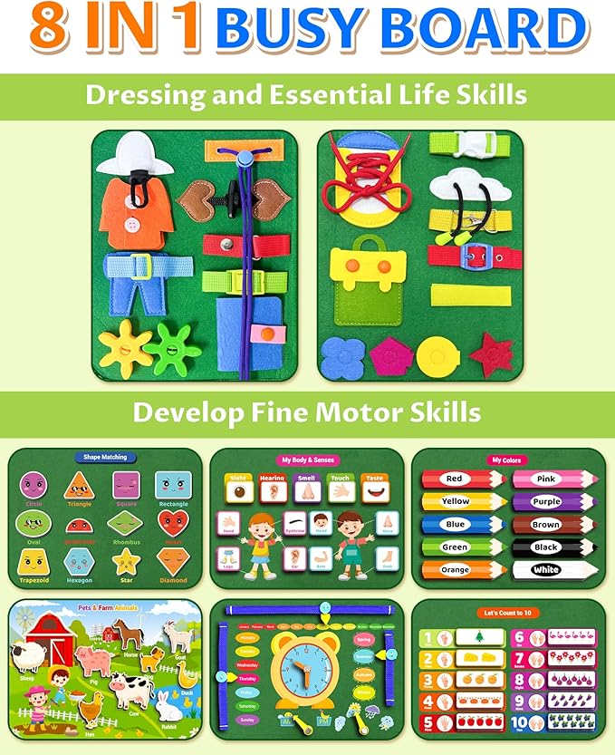 Exorany Busy Board Montessori Toys for Toddler Boy & Girl Birthday Gifts, Busy Book Learning Sensory Toys for Toddlers, Toddler Travel Toy Educational Activities Learn Fine Motor Skills