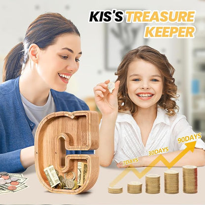 KMC Wooden Letter Piggy Bank, Personalized Initial Piggy Bank for Kids Boys, Clear Alphabet C Wood Money Box, Unbreakable Coin Saving Jar, Birthday, for Children