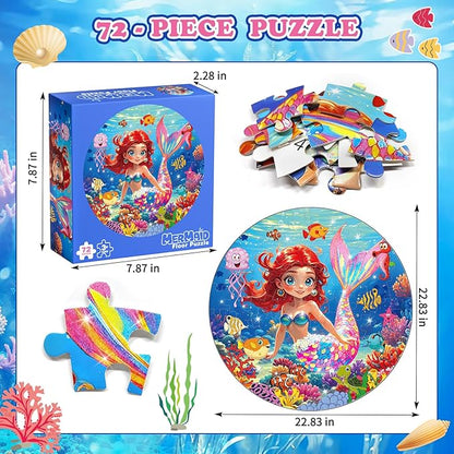 72 Pieces Shimmery Jumbo Mermaid Floor Puzzle for Girls 3-5 4-6 Age Floor Puzzles for Boys and Girls Large Round Floor Jigsaw Puzzles (Mermaid)