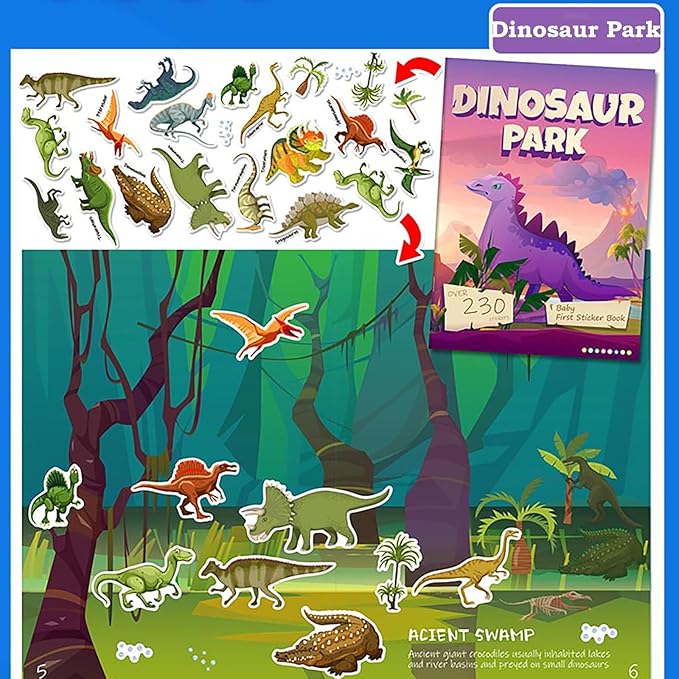 Dinosaur Sticker Book for Kids - 230+ Stickers & 8 Scenes Dinosaur Park - Side by Side Activity Book - Fun Reusable Scenes - Great for Boys & Girls Ages 2-4 4-8