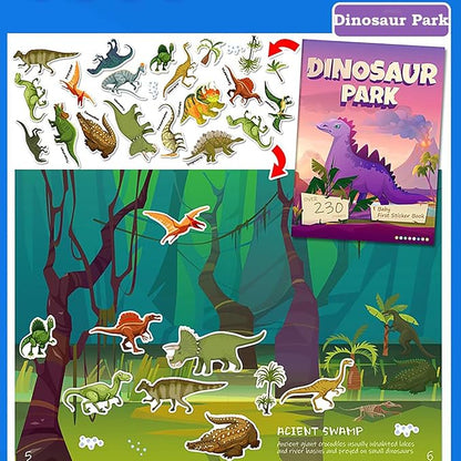 Dinosaur Sticker Book for Kids - 230+ Stickers & 8 Scenes Dinosaur Park - Side by Side Activity Book - Fun Reusable Scenes - Great for Boys & Girls Ages 2-4 4-8