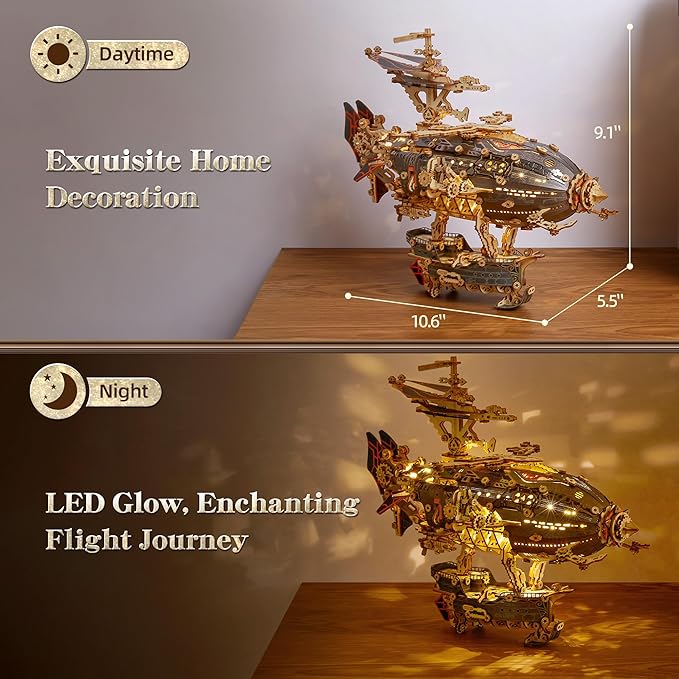 LED 3D Wood Puzzle Fantasy Airship Model - Steampunk DIY Craft Kit with LED Lights – Intricate Wooden Airship Model Building Set for Teens and Adults(Gray)