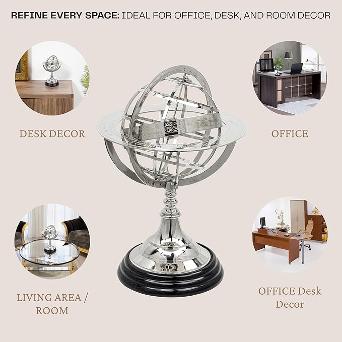 Antique Vintage Zodiac Armillary Brass Sphere Globe Wooden Display | Pirate's Antique Ship Decor | Nagina International (Large, Nickel Plated)