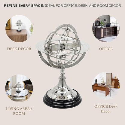 Antique Vintage Zodiac Armillary Brass Sphere Globe Wooden Display | Pirate's Antique Ship Decor | Nagina International (Large, Nickel Plated)