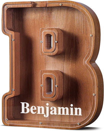 Summidate Customized Name Extra Large Wooden Piggy Bank for Kids Boys Girls Alphabets Letter A-Z Coins Bills Money Change Saving Box (Laser Engraved) Educational Toys 12"- Letter B