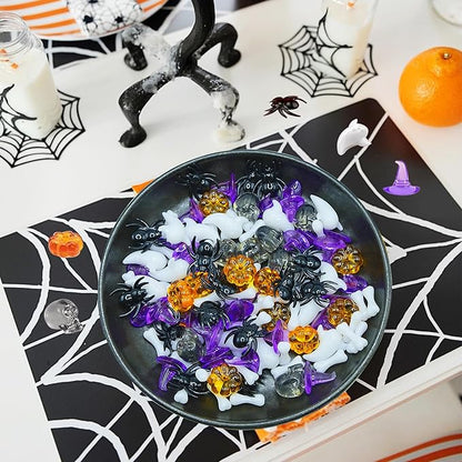 120pcs Halloween Acrylic Sensory Bin Filler, Mini Acrylic Pumpkin Ghost Skull Spider Witch Hats Gems Table Scatter Vase Filler for Autumn DIY Crafts Home Centerpieces Table Decorations