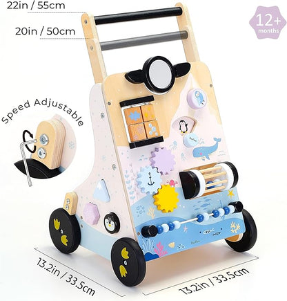PairPear Polar Explorer Wooden Baby Walker, Montessori 9-in-1 Activity Push Walker Activity Center Toys with Adjustable Speed & Height, Penguin Mirror, Shape Sorter Learning Toys Gift for Toddler 1-3