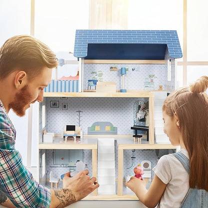 Lil' Jumbl Kids Wooden Dollhouse, 17-Piece Accessories & Furniture are Included, with Balcony & Stairs, 3 Story Easy to Assemble Doll House Toy - Blue