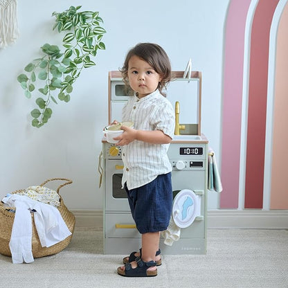 Teamson Kids Little Chef Lake Tahoe Smart Play Kitchen with Washing Machine, Oven, Microwave & Ample Storage, Neat & Compact Healthy Play for Age 3+, Sage Green