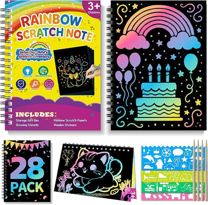 HXDOGSP Scratch Art for Kids: 28 Pack Rainbow Scratch Paper Party Favors - Art Crafts Notebook Suitable for Birthday Gifts/School Crafts Kit/Classroom Prizes for Girls and Boys Aged 4-12