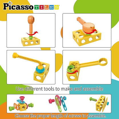 PicassoTiles 115 Piece Building Blocks Set Kids STEM Toy Construction Engineering Sensory Toys Kit Block Children Early Education Playset with FREE IdeaBook, Clickable Ratchet Age 3+ Boys Girls PTN115