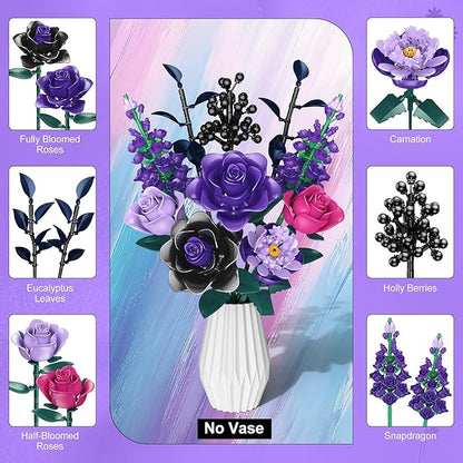 Purple Rose Building Blocks Set for Kids, 701PCS Flower Bouquet Toy, DIY Artificial Plant Gift for Girls, Women, Valentine's Day, Birthday, Mother's Day, Halloween Home Decor