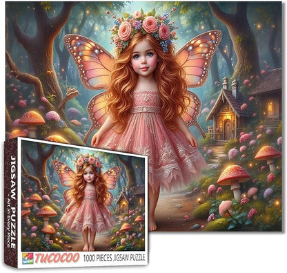 Tucocoo Forest Fairy Puzzles for Adults 1000 Piece, Fairy Girl in Pink Dress – Fantasy Jigsaw with Mushrooms and Cottage, Whimsical Woodland Scene Puzzle Gift for Women and Teens, Challenging Puzzles