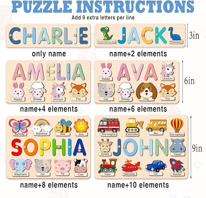 Personalized Name Puzzle for Toddlers 1-3, Custom Wooden Puzzle with Animal Names & Patterns, Montessori Learning Toy, Unique Baby Shower for Boys & Girls