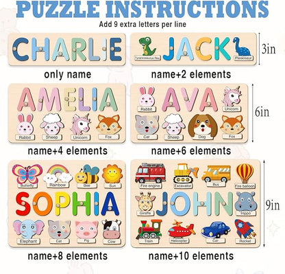 Personalized Name Puzzle for Toddlers 1-3, Custom Wooden Puzzle with Animal Names & Patterns, Montessori Learning Toy, Unique Baby Shower for Boys & Girls