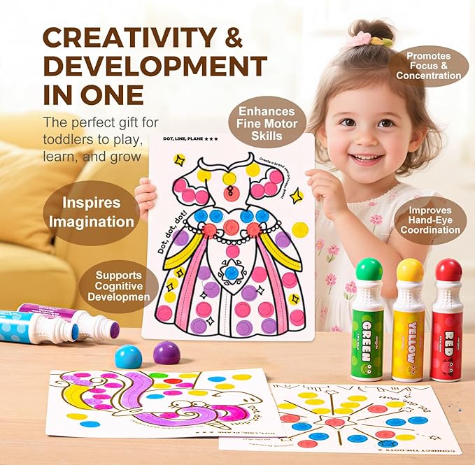 Jar Melo Washable Dot Markers for Toddlers, 8 Colors Dot Paints with 120 PDF & 10 Physical Activity Papers, Non-Toxic Bingo Daubers for Toddlers 2-4, Kids Arts and Crafts Supplies