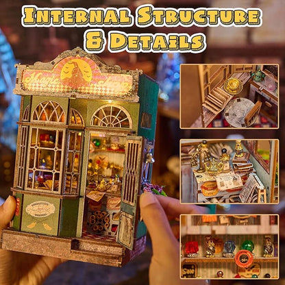 Magic Shop Miniature House Kit,DIY Miniature Dollhouse Kit with LED & Furniture,Mini Diorama House Building Kit for Adults,Tiny House Mini Model Kit Wooden Crafts,Bookshelf & Home Decor Gifts