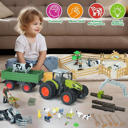 46Pcs Farm Toys, Tractor Toy w/Lights & Sound, Animals Toys for 3 4 5 6 7 8+ Year Old Toddler Girls Boys Kid, Figures Farmer Vehicle Truck Fence Playset Educational Learning Toys