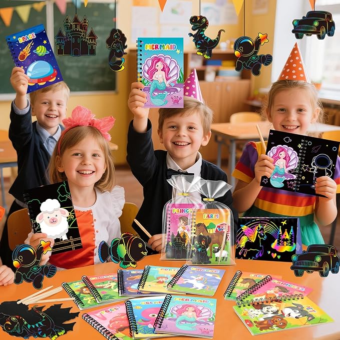 24 Pack Scratch Art Party Favors for Kids - Rainbow Scratch Paper Notebook with Scratch Off Cards Easter Basket Stuffers Birthday Goodie Bags Stuffers with - Return Gifts DIY Classroom Prizes