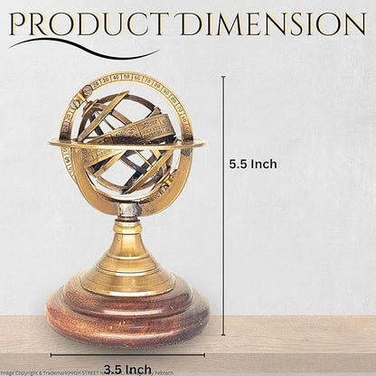 Antique Style Nautical Brass Armillary Sphere World Globe Astrolabe Mounted on Wooden Base - Perfect Decor Accent for Office