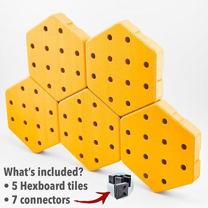 Hexagon Pegboard Tiles, 4.5"x4" each, 5-Pack, Normal-Sized Holes, Make Custom Designs, Easiest to Mount, Expand Existing Pegboard or Fill In Unused Space, Hexboard (Sunshine Yellow, 4 Inch)