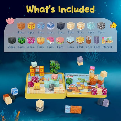 49PCS Mini Magnetic Blocks Ocean Theme – Sea Life STEM Building Cubes, Educational Magnet Toy with Iron Box, Creative & Safe Travel Gift for Kids Ages 3–8, Boys & Girls