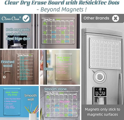 Clear Non-Magnetic Calendar Set for Fridge - Dry Erase Transparent Monthly, Weekly Calendar and Blank Board - Sticks to Wall, Glass, Door, Any Smooth Surfaces